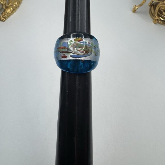 Murano Artisan Hand Blown Art Glass Ring Blue And Silver Swirl Sz 7 Pretty - Picture 7 of 12